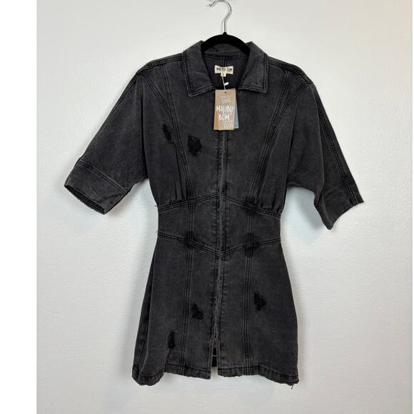 NWT Malibu Bum Denim Distressed Full Zip Front Romper Small - Picture 1 of 5